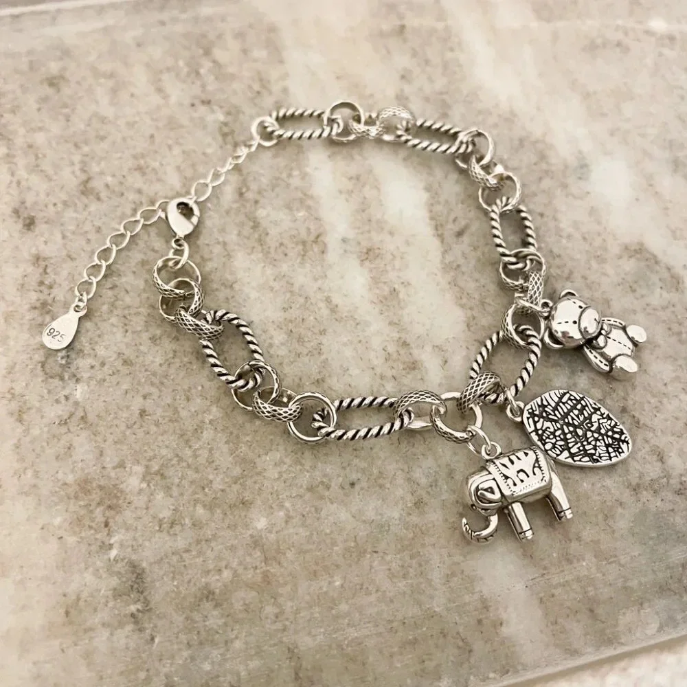 925 Sterling Silver Elephant Bear Leaf Charm Bracelet Chain Link Bracelet